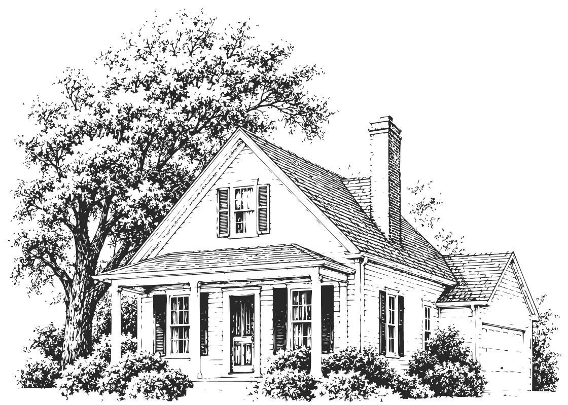 Engraved illustration of a well-kept home with trimmed landscaping